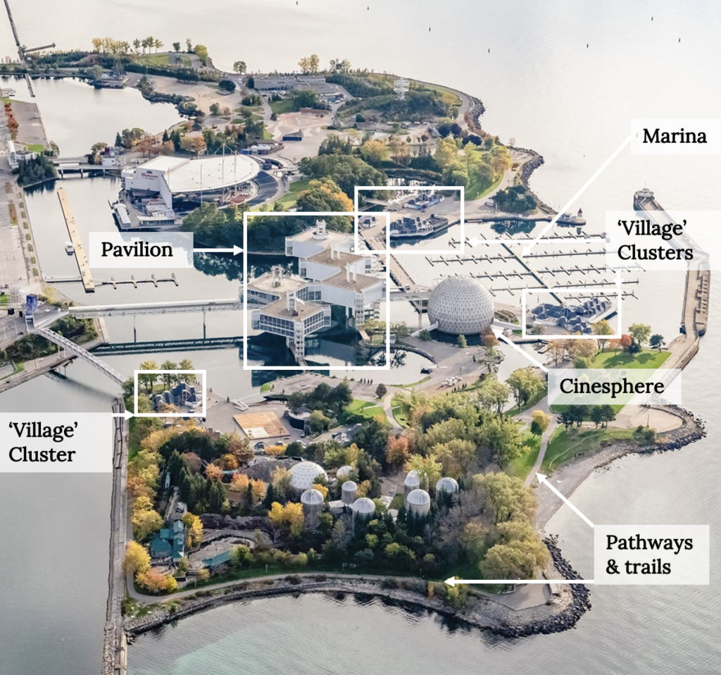 Aerial photograph of Ontario Place showing key landmarks.