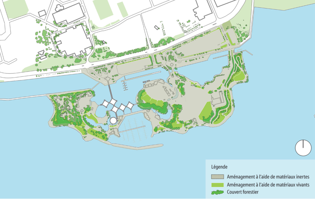 Carte du site de la Place de l'Ontario montrant la répartition actuelle des matériaux inertes, des matériaux vivants, ainsi que la zone occupée par le couvert forestier.
