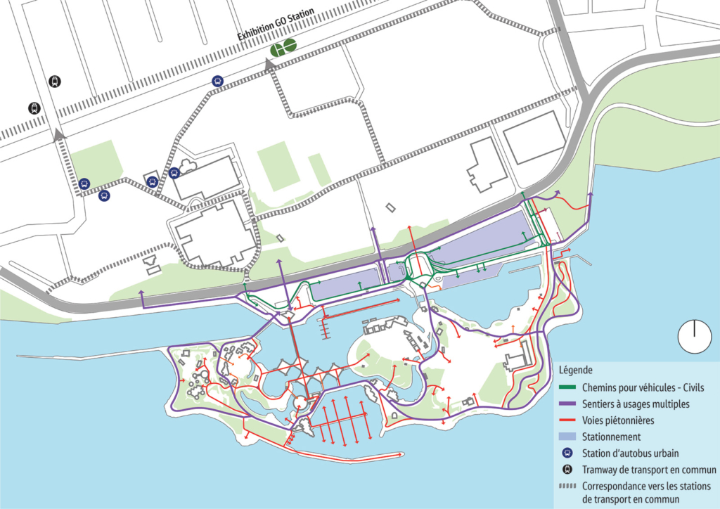 Carte du site de la Place de l'Ontario montrant la circulation sur les sentiers à usages multiples, les voies piétonnières, les chemins destinés aux véhicules et le transport en commun.