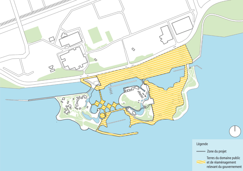 Carte du site de la Place de l'Ontario montrant l'ensemble de la zone du projet sous réserve de l'évaluation environnementale avec hachures montrant les terres publiques relevant du gouvernement et les terres gouvernementales.