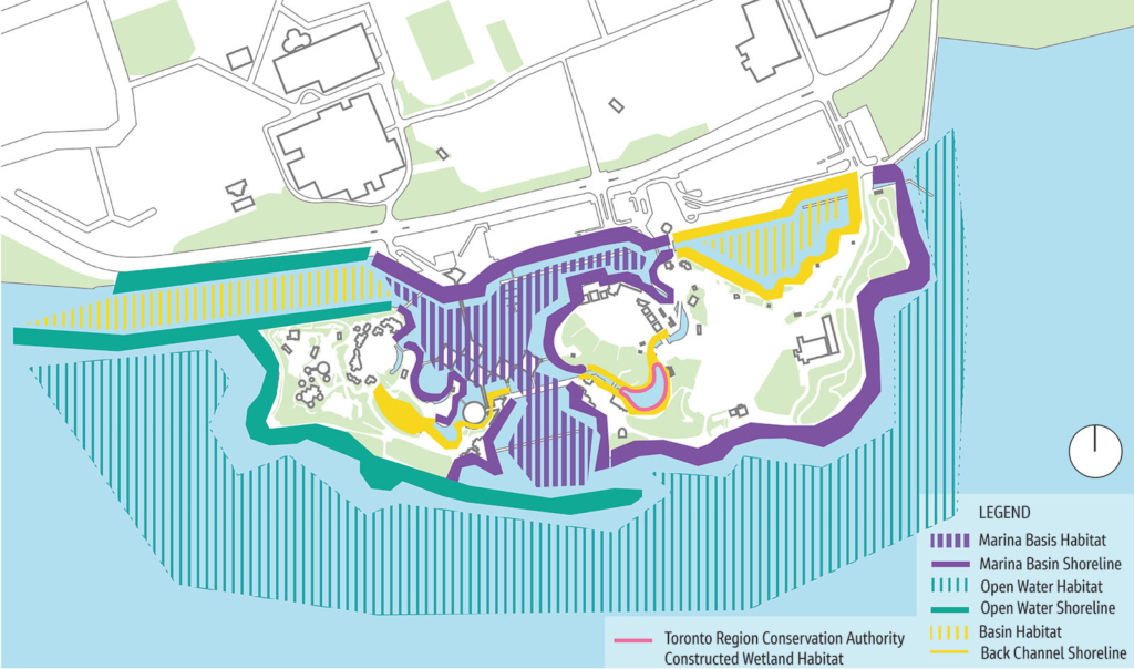 Ontario Place site map depicting the aquatic habitat associated with the island’s shoreline (Marine Basin Shoreline and Habitat, Open Water Shoreline and Habitat) and internal waterway system (Basis Habitat and Back Channel Shoreline), including a Toronto Region Conservation Authority constructed wetland habitat.