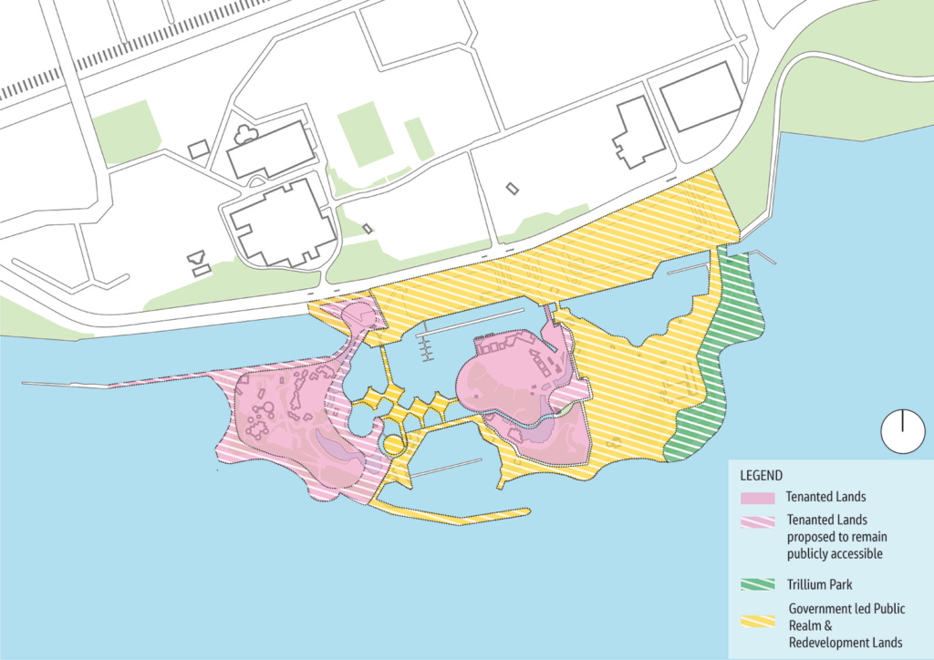 Ontario Place site map showing Trillium Park, land to be redeveloped by government and land to be developed by private sector tenants.  Hatching on the map shows that the publicly accessible lands on the tenant land and Trillium Park and the government public realm and redevelopment lands.