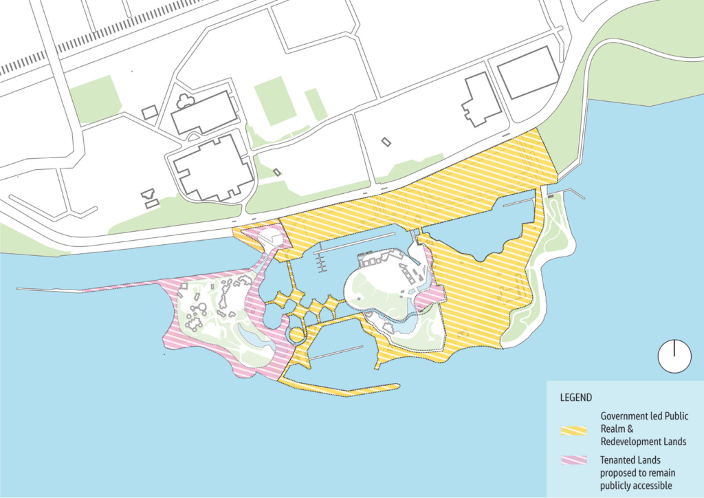 The map shows where publicly accessible lands are proposed to be located on the tenant lands, and how they relate to and integrate with the government-led public realm and redevelopment lands.