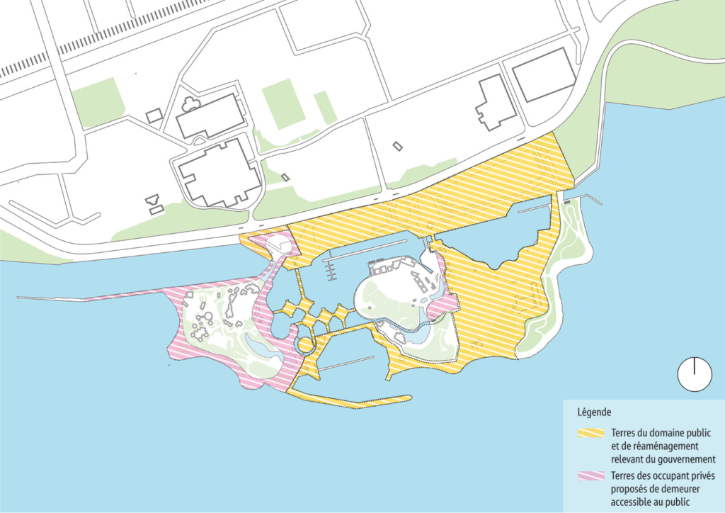 Carte du site de la Place de l'Ontario montrant les terres publiquement accessibles sur les parcelles occupées, ainsi que les terres publiques relevant du gouvernement et les terres de réaménagement.