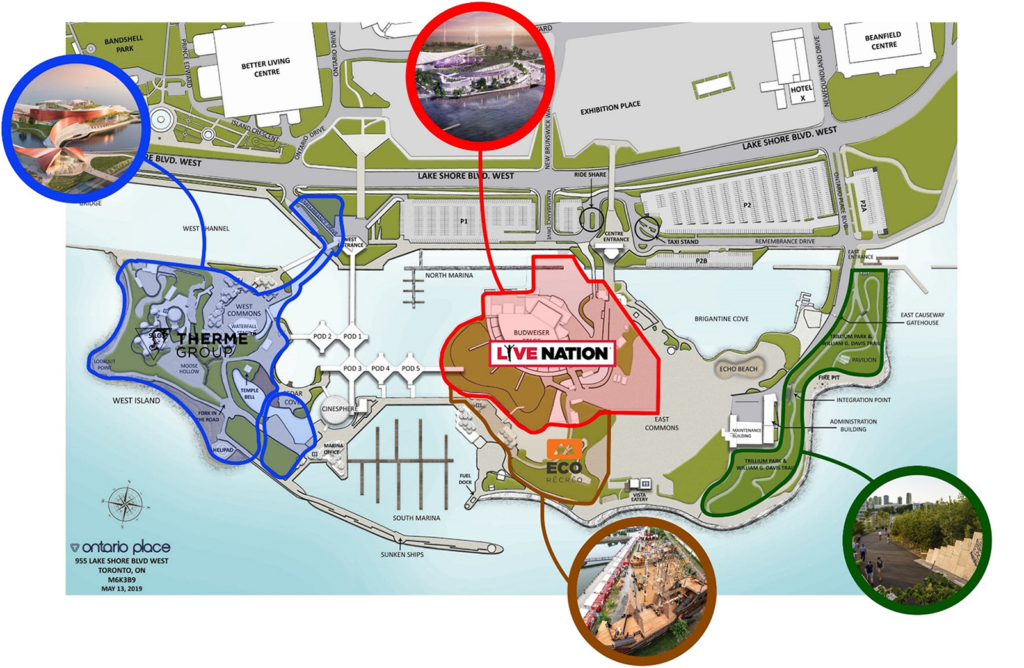 Ontario Place site map with locations of three Call for Development participant attraction sites, as well as Trillium Park, outline