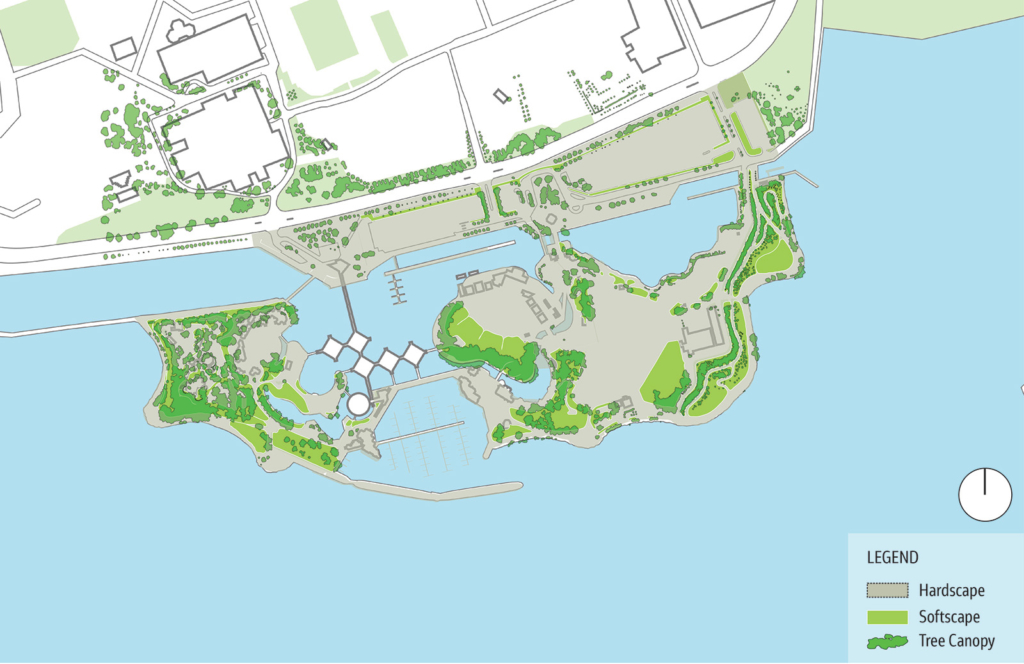 Aerial plan of Ontario Place showing the existing distribution of softscape and hardscape within the project limits.