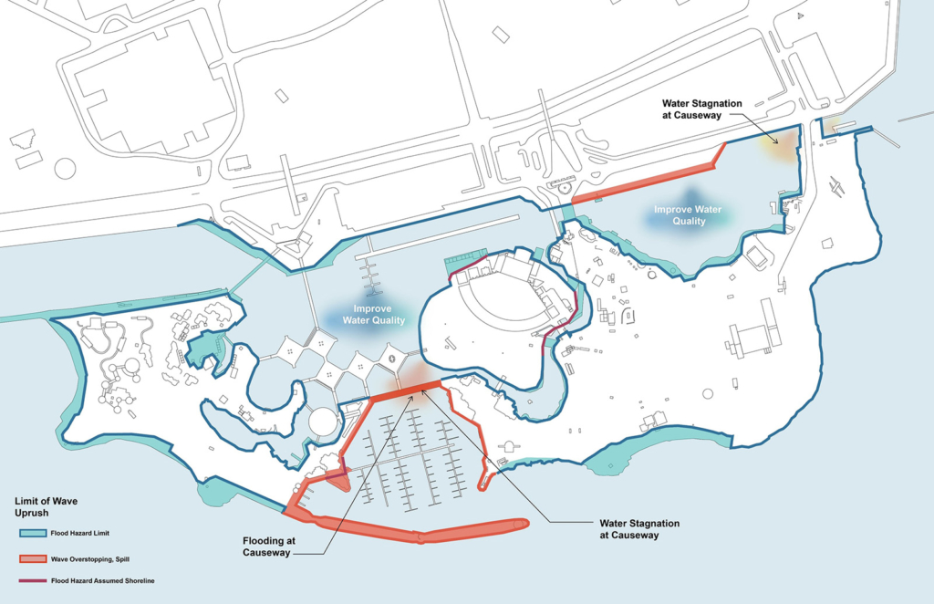 Ontario Place site map depicting land subject to recent flooding, including flood hazard limits, wave overstopping, and flood hazard assumed shoreline.