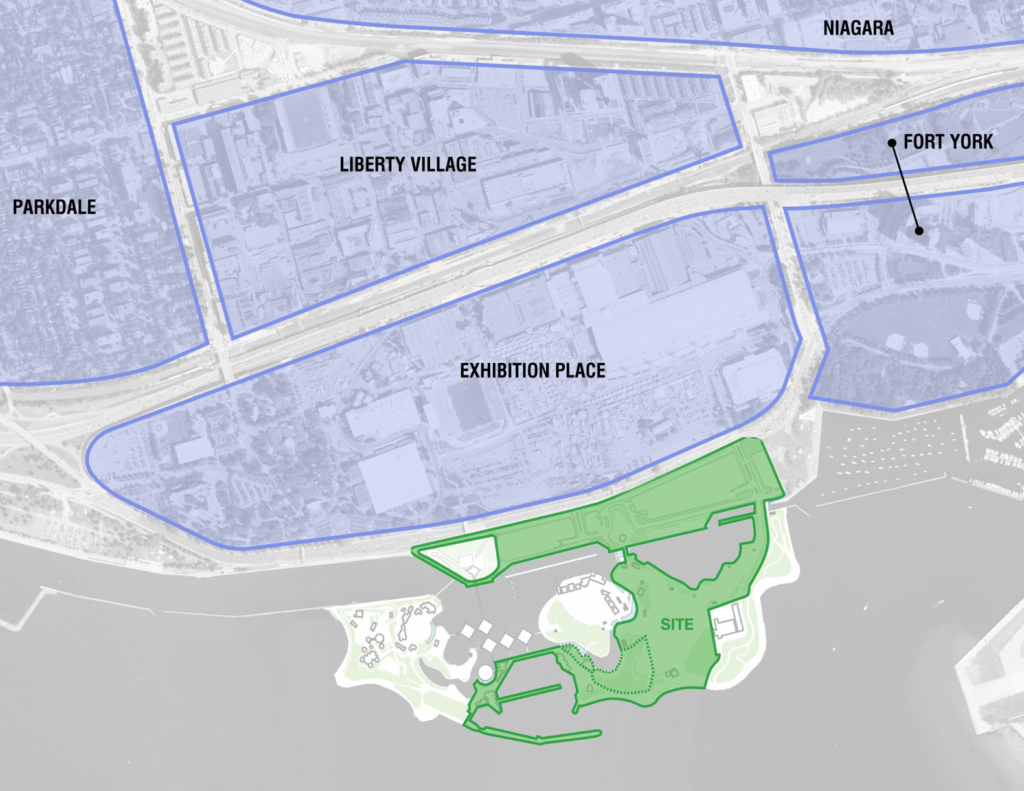 Carte de la région de Toronto adjacente à la Place de l'Ontario montrant les désignations relatives à l'utilisation du sol.