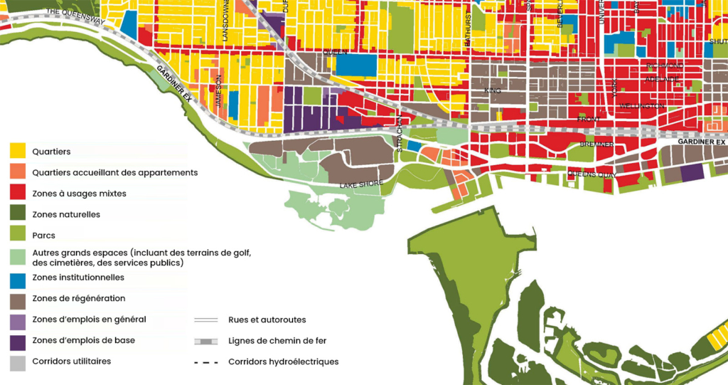 Carte de la région de Toronto adjacente à la Place de l'Ontario montrant les désignations relatives à l'utilisation du sol. La Place de l'Ontario est présentement un « grand espace » en vertu du Plan officiel de la ville de Toronto.