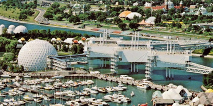 Aerial view of Cinesphere and marina at Ontario Place