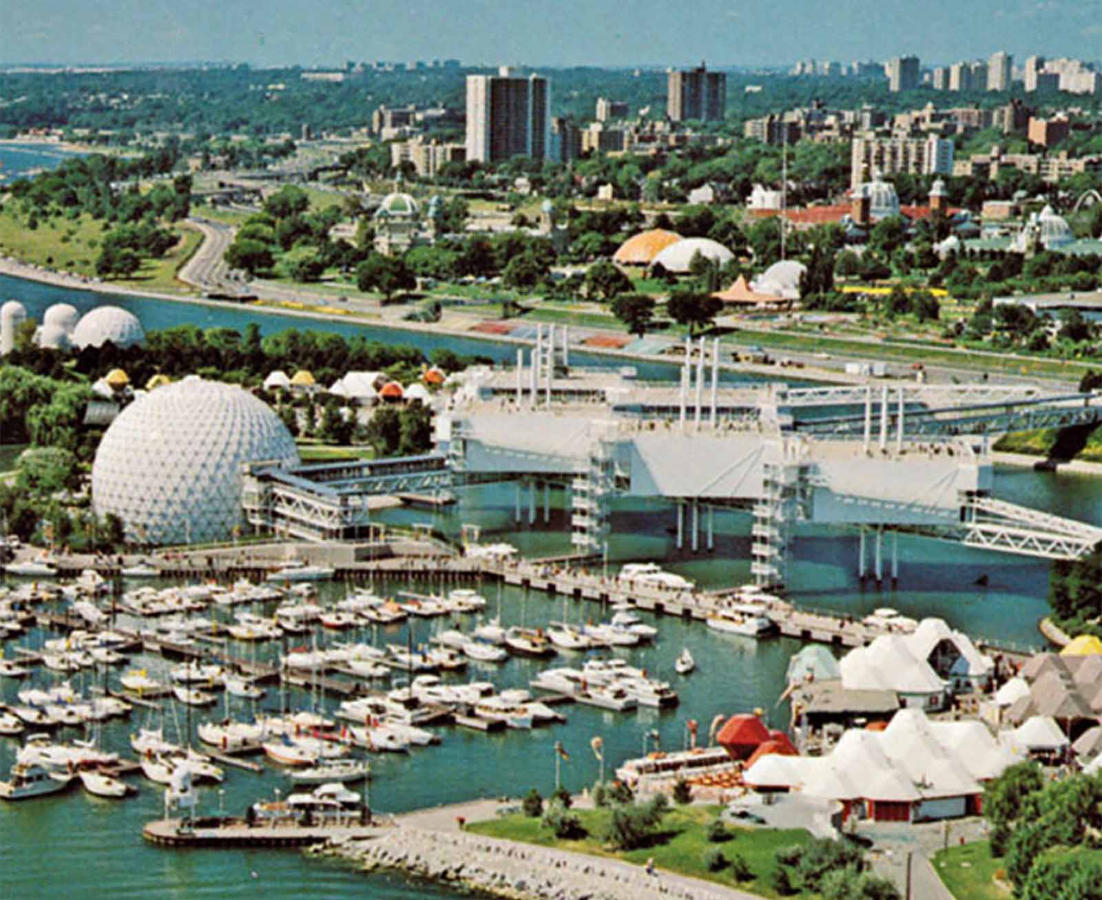 Aerial view of Cinesphere and marina at Ontario Place