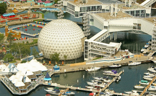 Aerial Ontario Place from the 1990s. Views of the cinesphere, one Pod, and the marina.