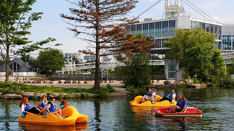 People in paddle boats on a lake inlet with trees and an elevated building behind 