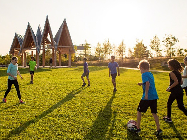 Children playing soccer in a field.