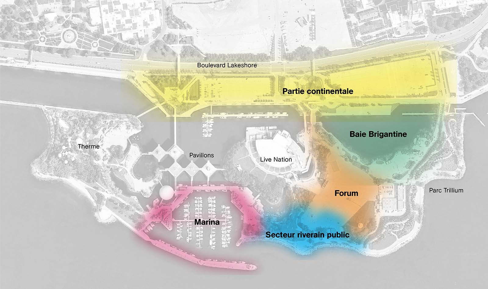 Plan du site de la Place de l’Ontario avec 5 zones surlignées de couleurs différentes : la partie continentale, Brigantine Cove, le Forum (au centre de l’île est), le secteur riverain public (sur la rive sud de l’île est) et la marina.