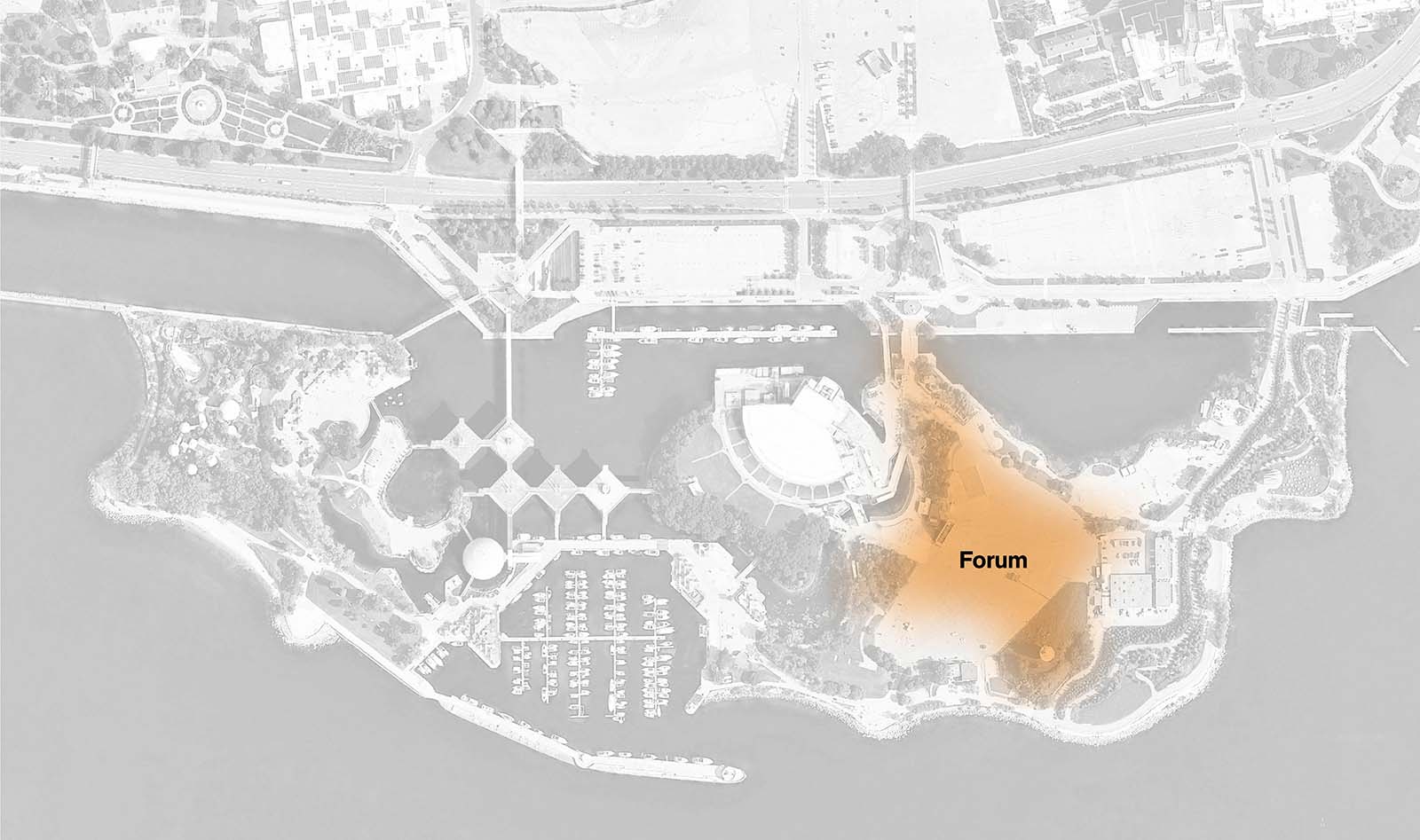 Plan du site de la Place de l’Ontario avec le Forum (le centre et le portail de l’île est) mis en évidence.