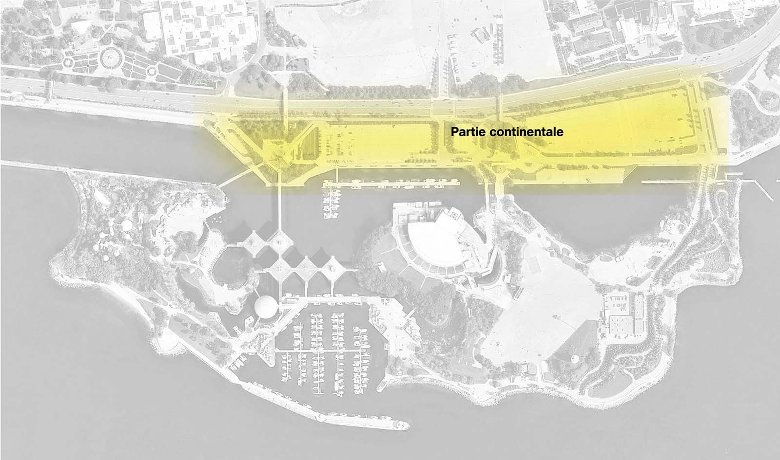 Carte du site de la Place de l’Ontario avec la partie continentale (bordée par le boulevard Lakeshore au nord et l’eau au sud) mise en évidence.