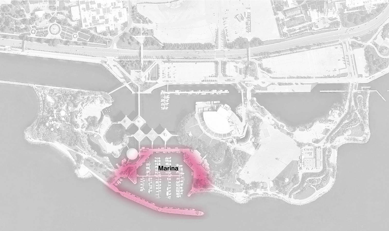 Plan du site de la Place de l’Ontario avec la marina en surbrillance.