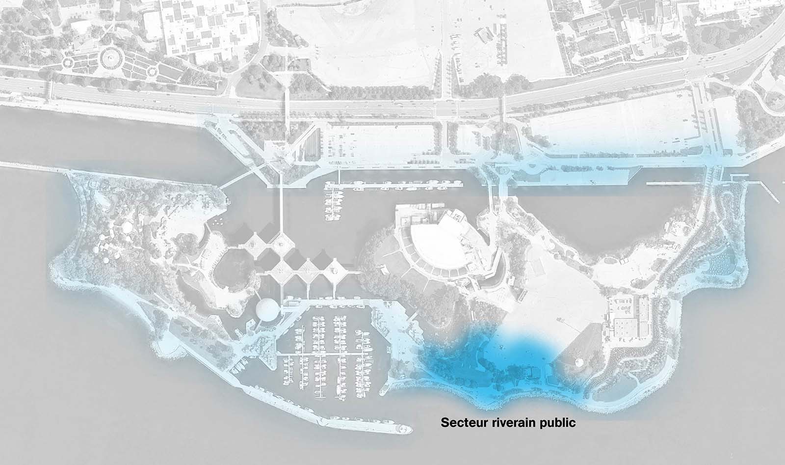 Carte du site de la Place de l’Ontario montrant le secteur riverain public en surbrillance autour de l’ensemble du site, mais en plus sombre le long de la rive sud de l’île est, entre le parc Trillium et la marina.