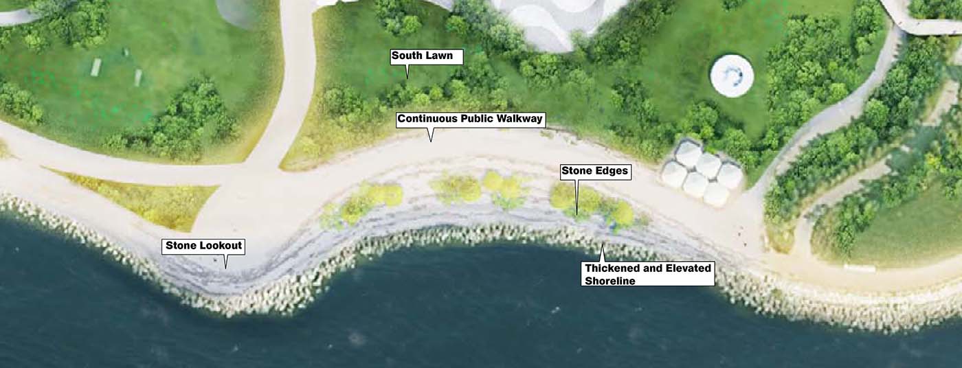 Rendered image of the south shoreline of the east island showing a stone lookout, a thickened and elevated shoreline and a stone edge. A continuous public walkway is shown along the waterfront with c.
