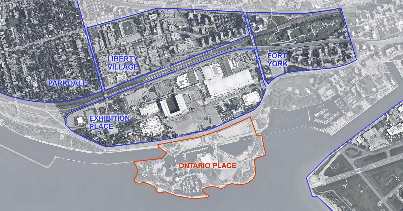 Carte de la région de Toronto adjacente à la Place de l’Ontario, montrant les quartiers situés au nord, notamment Exhibition Place, Parkdale, Liberty Village, Fort York et Niagara. 