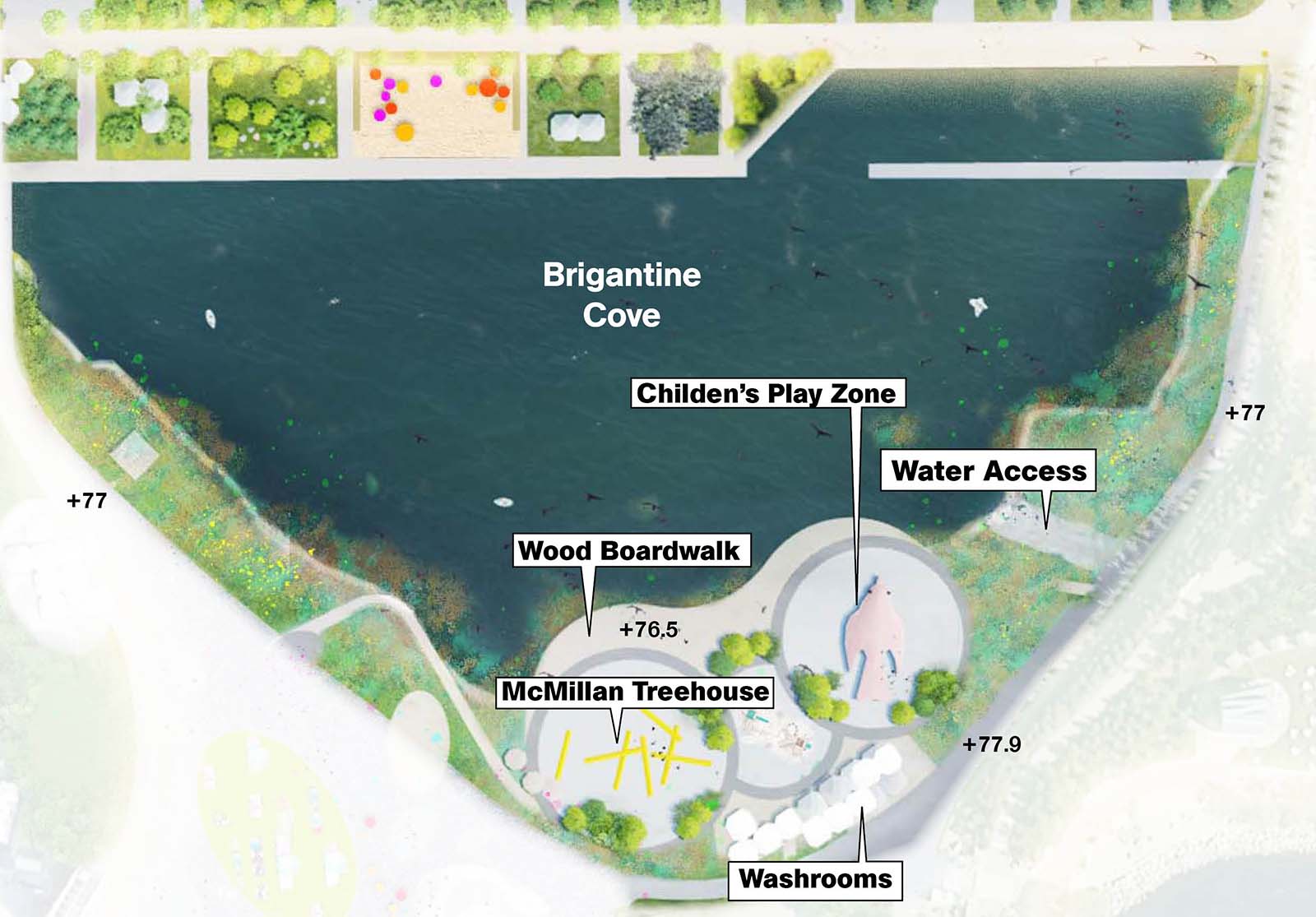 Rendered image of brigantine cove showing a wood boardwalk along the water with water access to the east. Inland from the boardwalk is a McMillan Treehouse, a children’s play zone and washrooms.