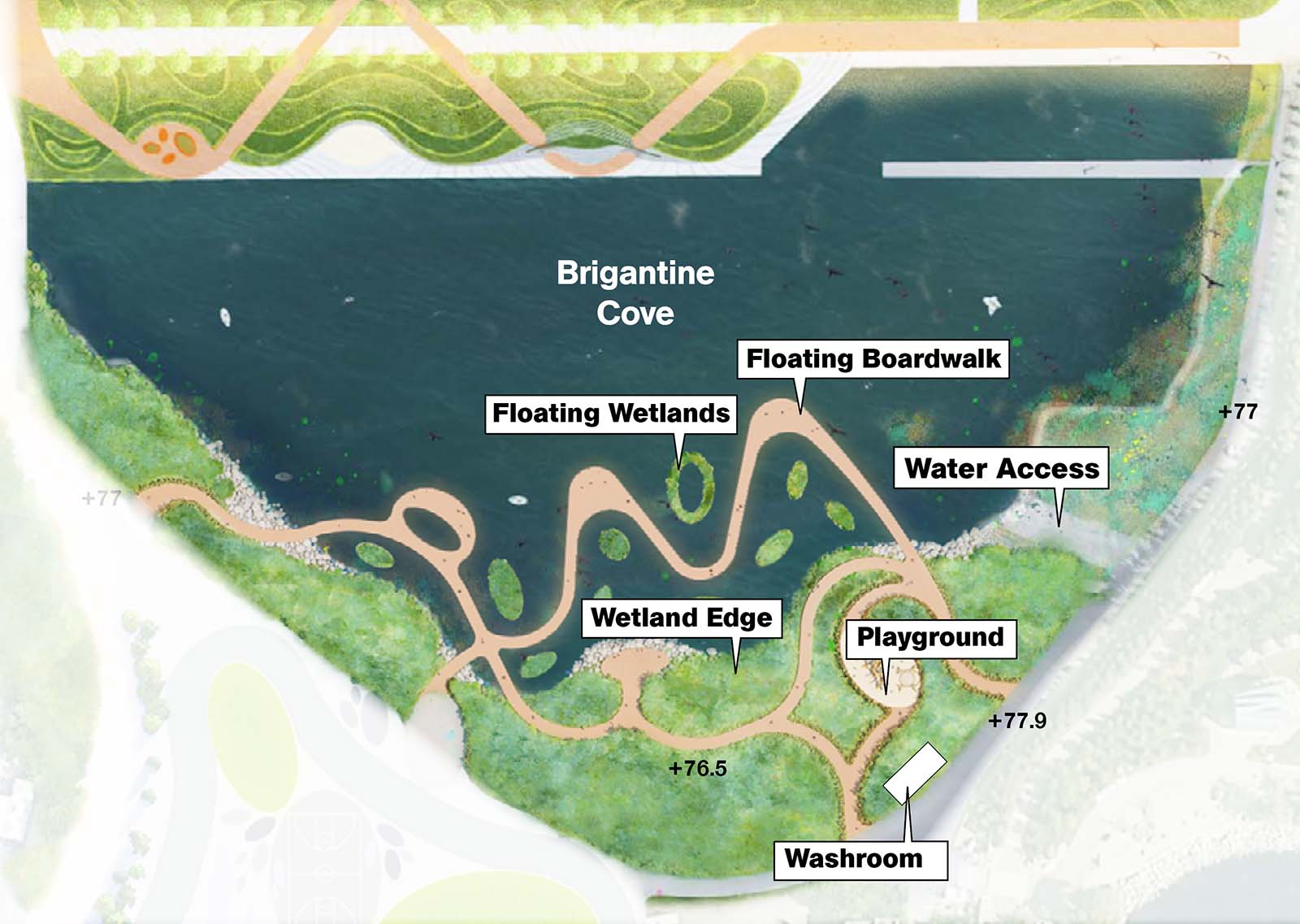 Rendered image of brigantine cove showing floating boardwalks and floating wetlands over the water. A wetland edge is shown and water access is to the east, with an inland playground and washrooms
