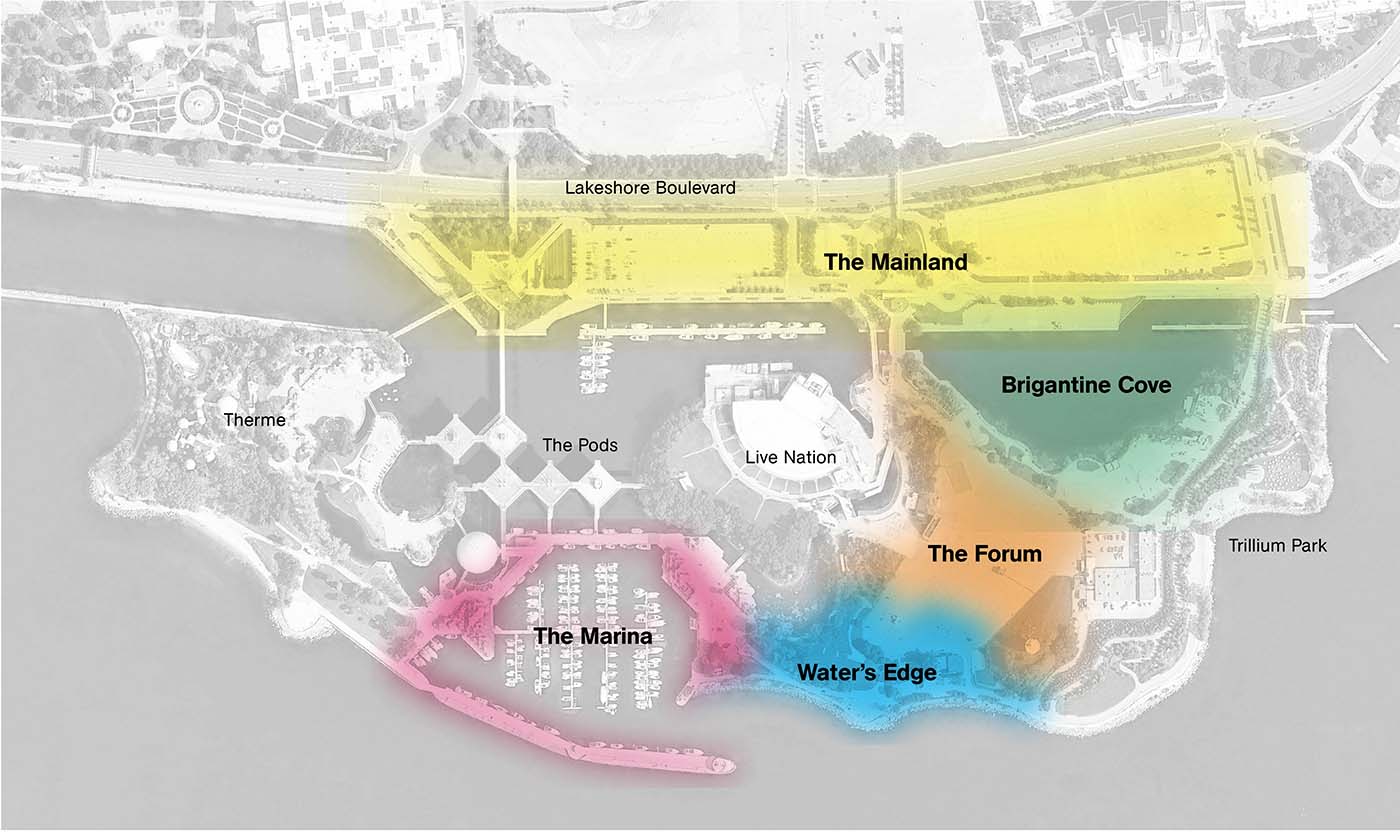 Site map of Ontario Place with 5 zones highlighted in different colours; the Mainland; Brigantine Cove, the Forum (in the centre of the east island), the Public waterfront (on the southern shore of the east island), and the Marina.
