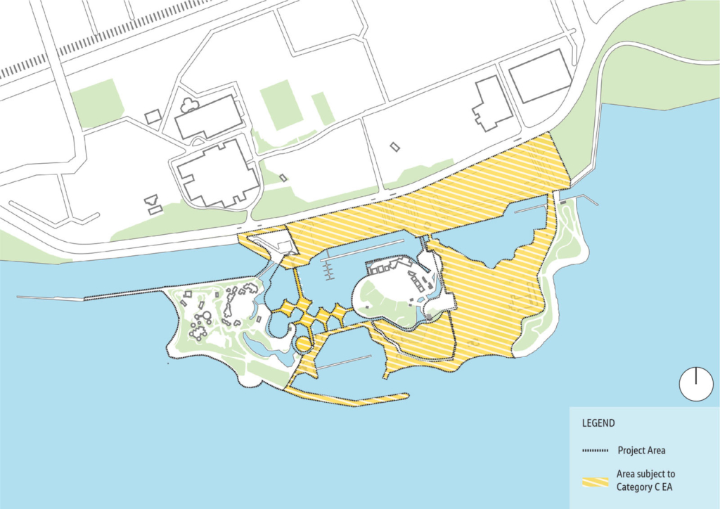 A site map of Ontario Place showing the area subject to the Category C EA highlighted in yellow and a dotted line showing the redevelopment area 