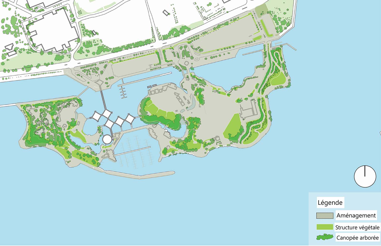 Carte de la Place de l’Ontario montrant les aménagements physiques et naturalisés, ainsi que le couvert forestier du site. 