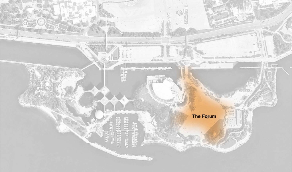 Site map of Ontario Place with the Forum (the centre and gateway of the east island) highlighted