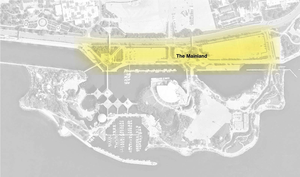 Site map of Ontario Place with the Mainland (bordered by Lakeshore Boulevard to the north and the water to the south) highlighted