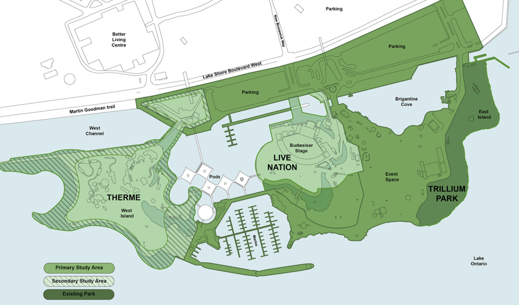 Site map of Ontario Place showing Trillium Park as existing park, most of the mainland and the east island and the marina as the primary study area, and the perimeter of the Therme area along the water as the secondary study area