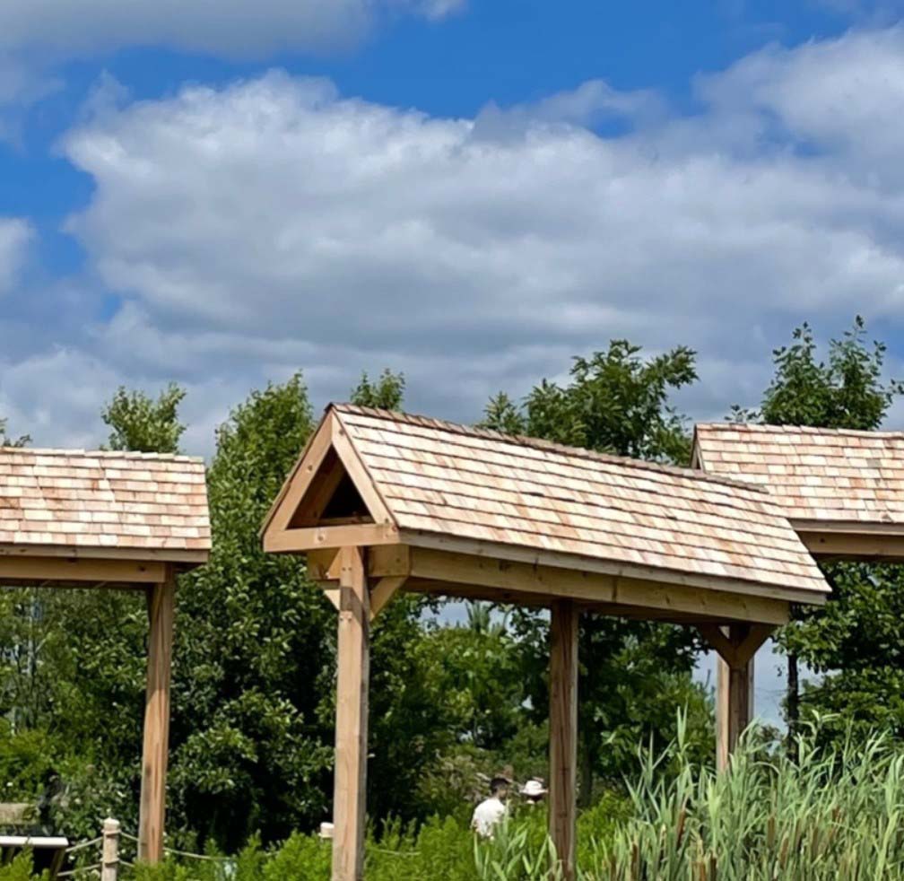 A picture of three wooden structures with triangular roofs held up by two poles each. Tall trees are in the background and a blue, cloudy sky above. 