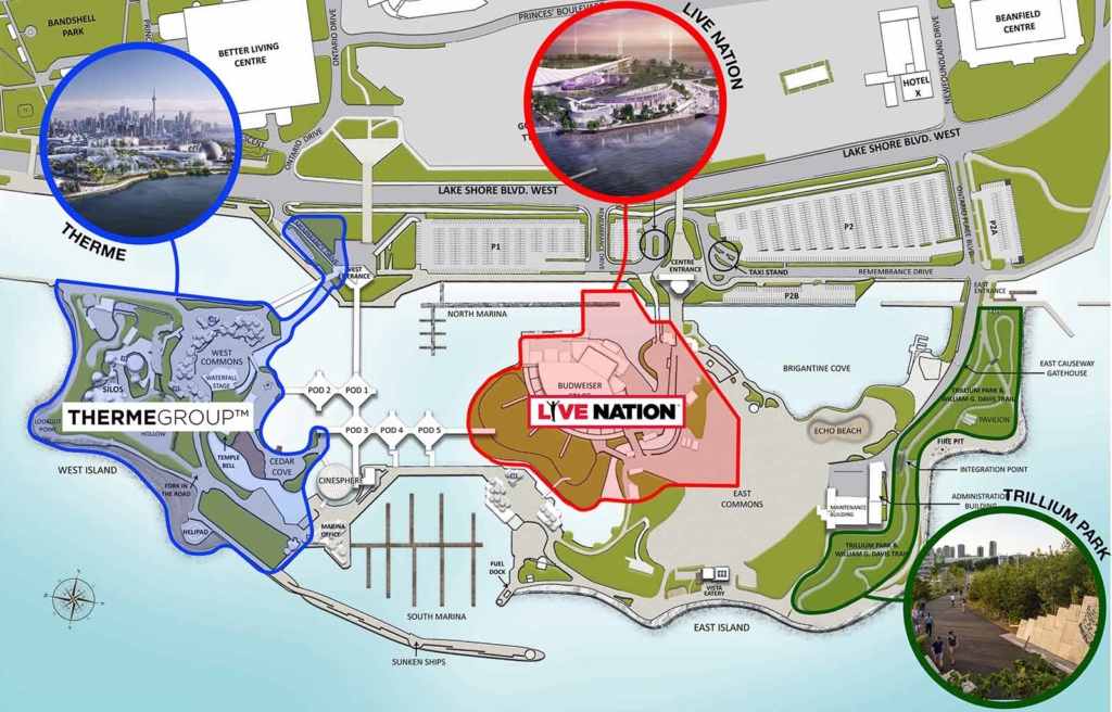 Map of Ontario Place showing tenanted areas: Live Nation on the east island and Therme Group on the west island. The map also shows Trillium Park on the east edge of the east island. 