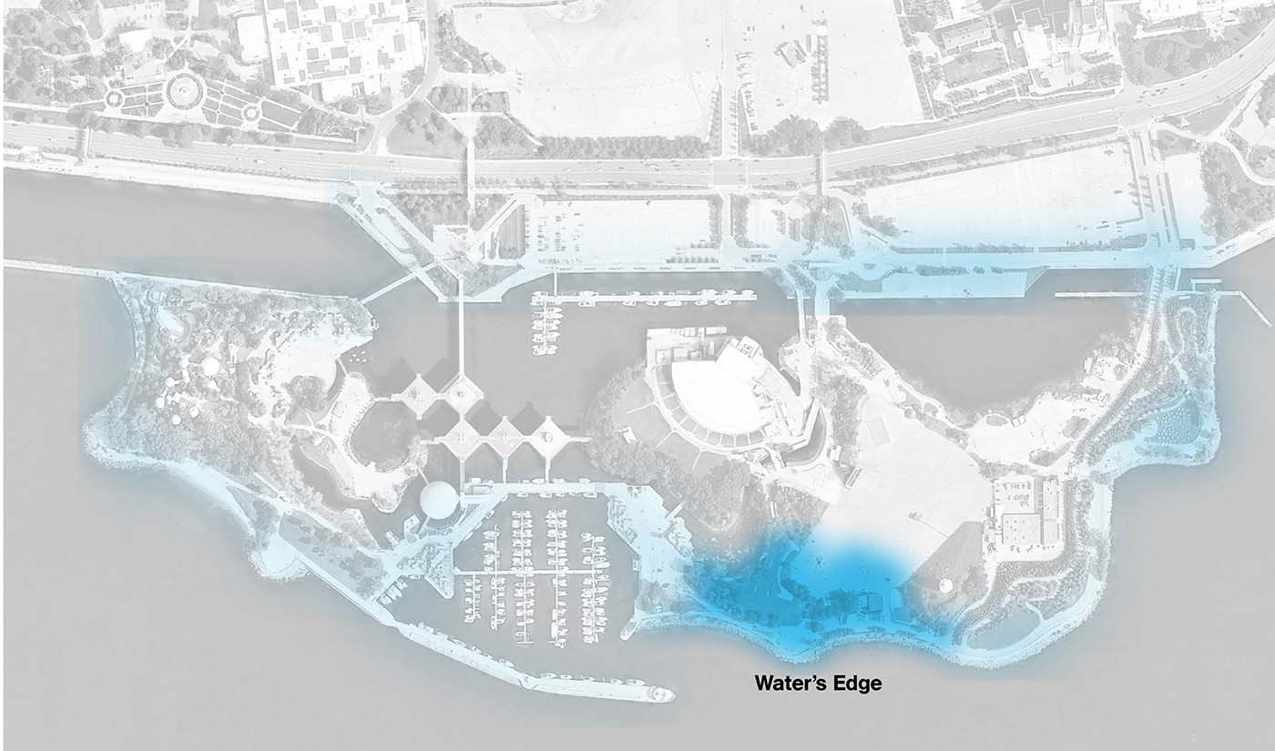 Site map of Ontario Place with the Public waterfront highlighted around the entire site, but highlighted darker along the southern shore of the east island, between Trillium Park and the Marina.