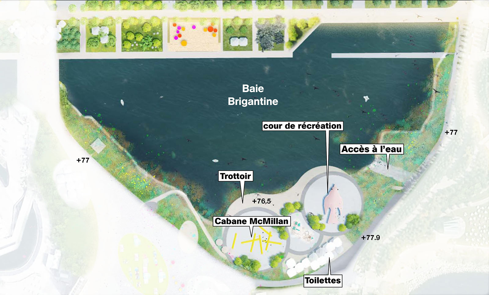 Image rendue de Brigantine Cove montrant une promenade en bois le long de l’eau avec un accès à l’eau à l’est.  À l’intérieur de la promenade se trouve la cabane dans l’arbre de McMillan, une aire de jeu pour les enfants et des toilettes. 