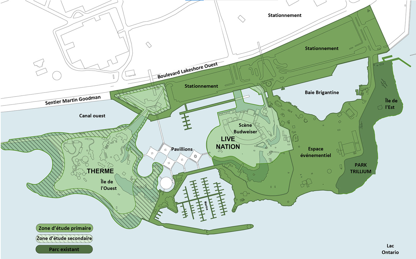 Carte du site de la Place de l’Ontario montrant le parc Trillium comme parc existant, la majeure partie de la partie continentale et de l’île est et la marina comme zone d’étude primaire, et le périmètre du secteur de Therme le long de l’eau comme zone d’étude secondaire. 