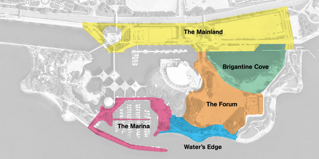 Map of Ontario Place showing the five zones. 