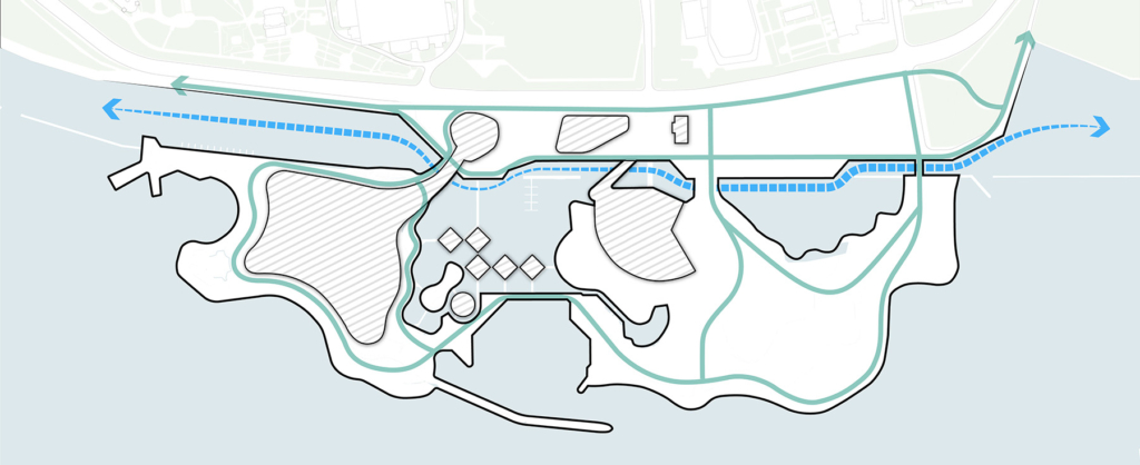 Map of Ontario place showing a continuous public pathway along the water's edge