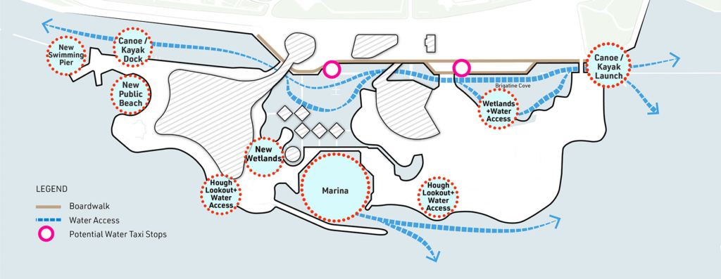Map of Ontario place showing water access, shoreline access and boardwalks