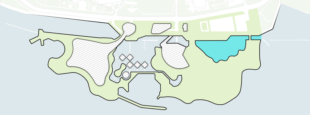 Map of Ontario Place showing greenspace.