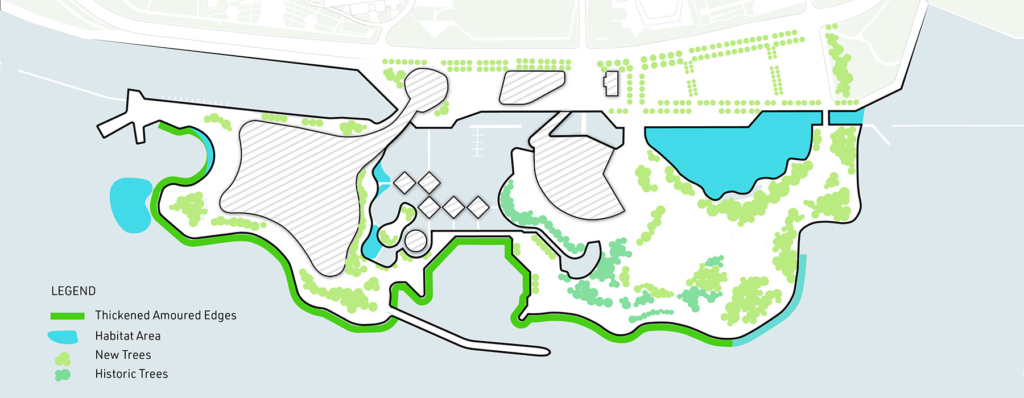 Map of Ontario Place showing thickened armoured edges, habitat areas, new trees and historic trees. 