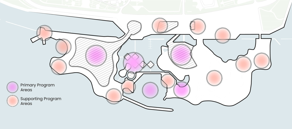 Map of Ontario Place showing various circles illustrating the potential location of programming partners and activity zones.