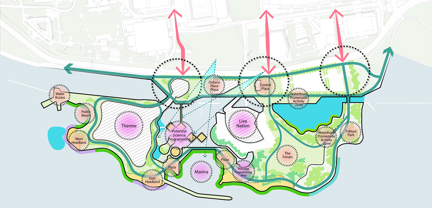 Map of Ontario Place showing the framework plan including pathways, connections, greenspace, views, and planting. Key elements such as water access, plazas and activity zones are also labeled. 