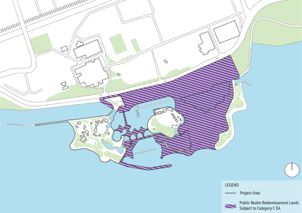 A site map of Ontario Place showing the area subject to the Category C EA highlighted in yellow and a dotted line showing the entire redevelopment or project area