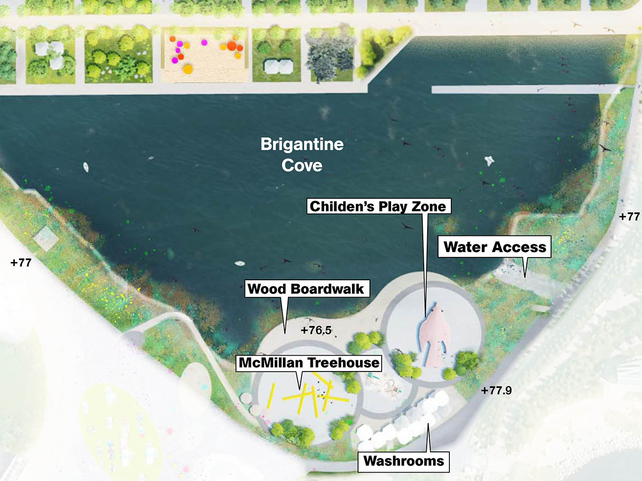 Brigantine Cove showing a wood boardwalk, a McMillan Treehouse, a children’s play zone and water access to the east. 