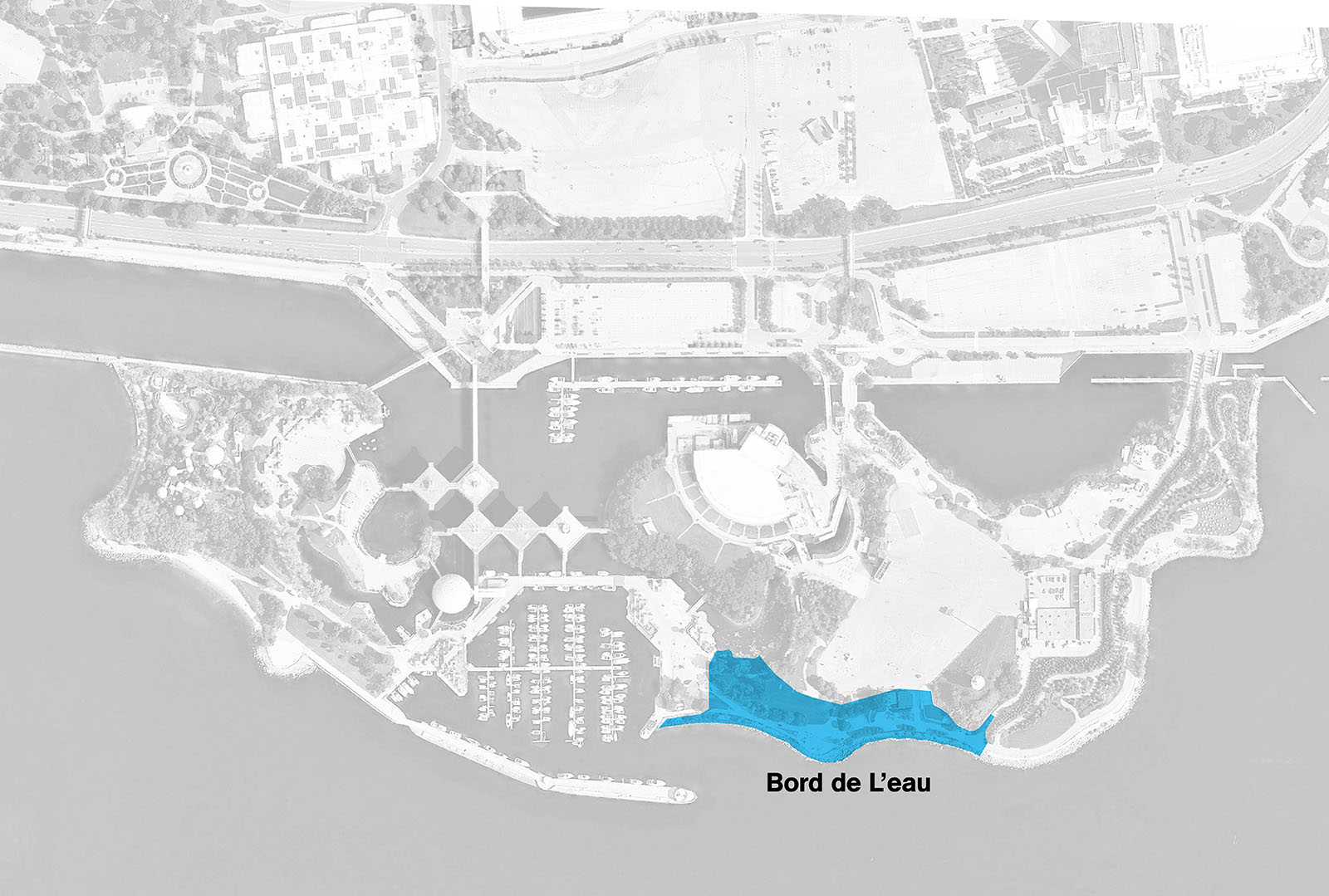 Image aérienne de la Place de l’Ontario mettant en évidence la zone du bord de l’eau le long de la rive sud de l’île est. 