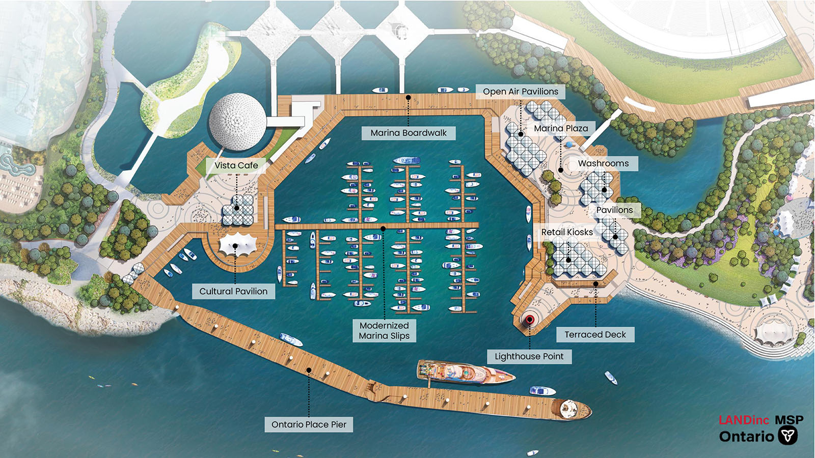 Aerial view rendering of the Ontario Place marina with wood boardwalks, a cultural pavilion, shade canopies and a plaza 