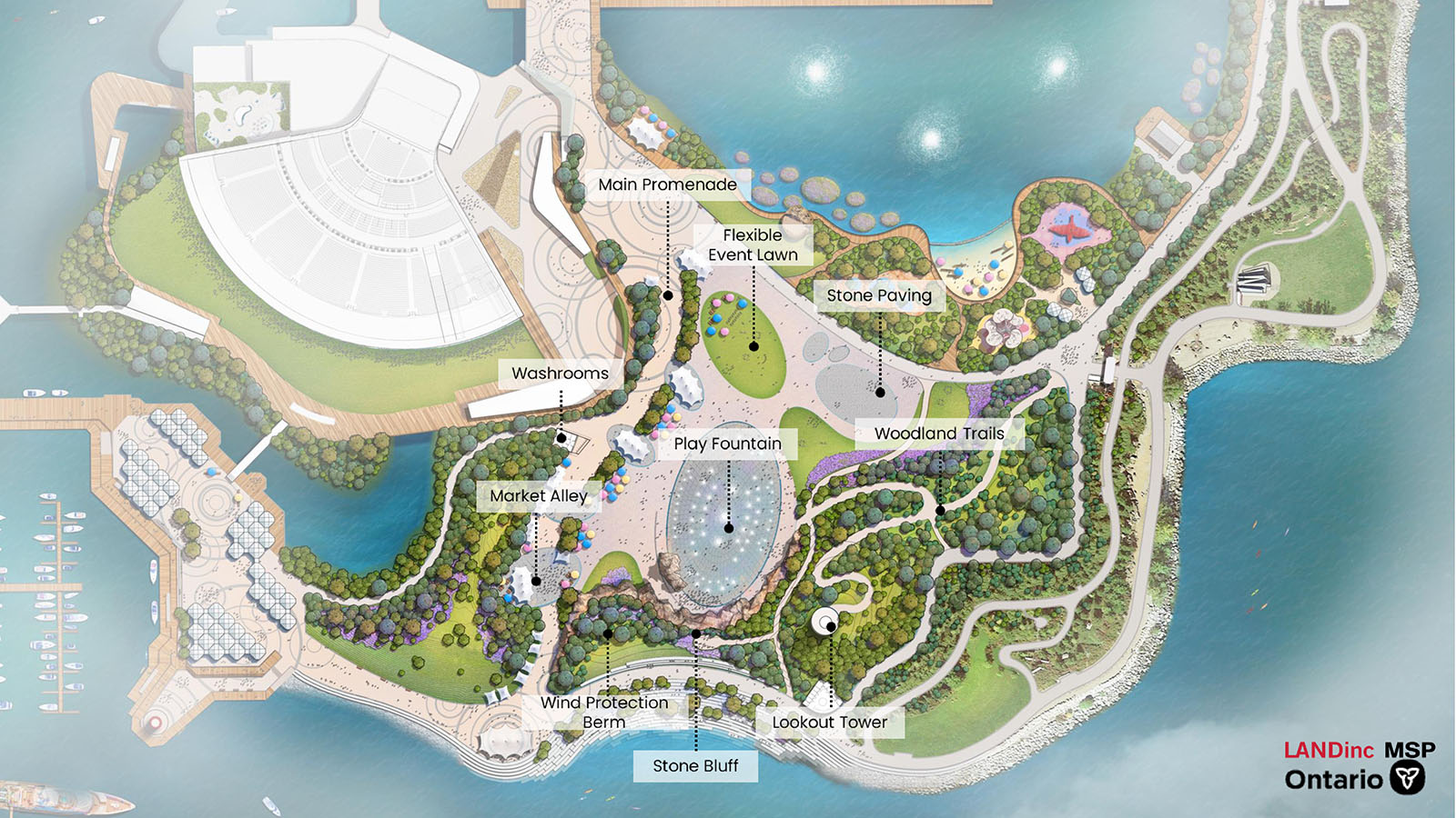 Aerial view rendering of the centre of the east island showing a play fountain, lawn space, a market alley, woodland trails and a stone bluff. 